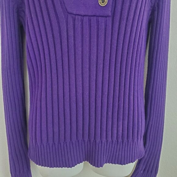 Lauren Jeans Co Women's Sweater Medium Purple Pullover Ribbed Knit Shawl Collar - Picture 3 of 8